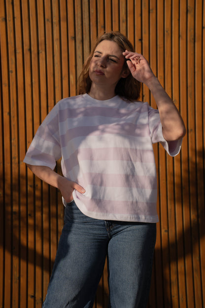 T-Shirt Oversize Multistripe Made in Portugal - Limon Rose | vista 2