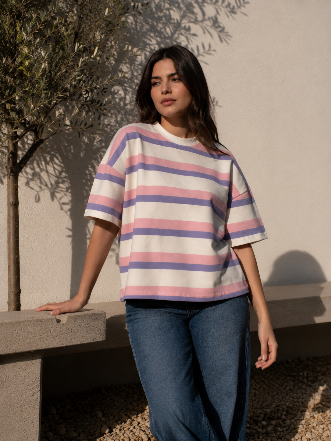T-Shirt Oversize Multistripe Made in Portugal - Limon Rose | Camisola