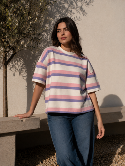 T-Shirt Oversize Multistripe Made in Portugal - Limon Rose | Camisola